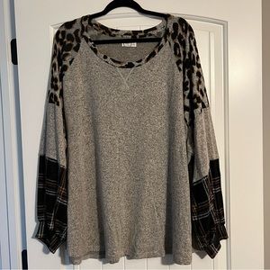 Maurice’s 24/7 Gray Plaid and Leopard Print Shirt with Balloon Sleeves Size 4X